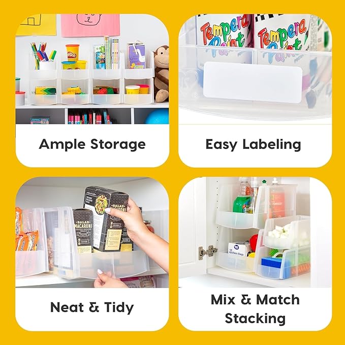 IRIS USA Clear Plastic Stackable Storage Bins, Medium - 8 Pack, Open Front Fridge Pantry Kitchen Closet Cabinet Bathroom Organizer Basket for Organizing Snack, Cans, Office Supplies, and Coffee Pods