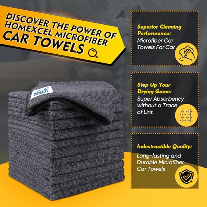 HOMEXCEL Microfiber Ultra Absorbent Cleaning Cloth, Lint Free, Streak Free Cleaning Rag Towels for Washing Cars, Kitchen and Window, 12.5 x 12.5 inches, Grey, 12 Pack