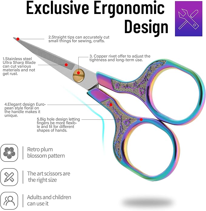 Sharp Embroidery Scissors-5 Inch Vintage Precision Scissors-Stainless Steel Blades with Vibrant Gradient Handle & Floral Design-Resistant for DIY/Art/Craft/Sewing