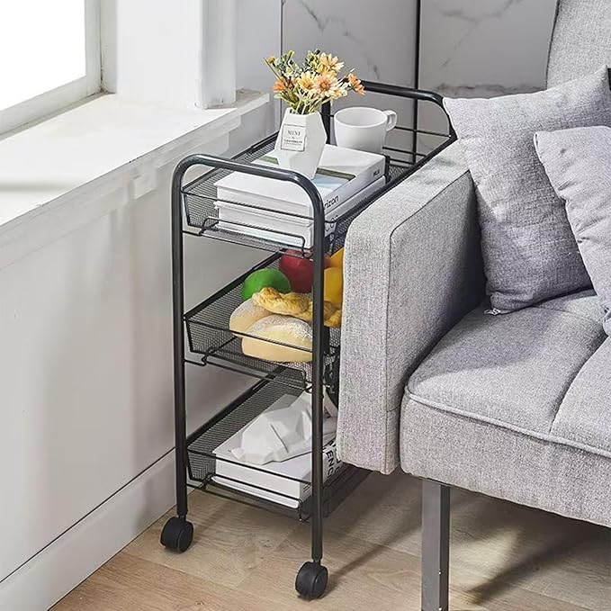 3 Tier Rolling Cart, Rust-Resistant Mesh Wire Metal Utility Cart with Wheels & 4 Side Hooks, Tool-Free Assembly, for Kitchen, Bathroom, Laundry Room, Living Room, Pantry, Dorm