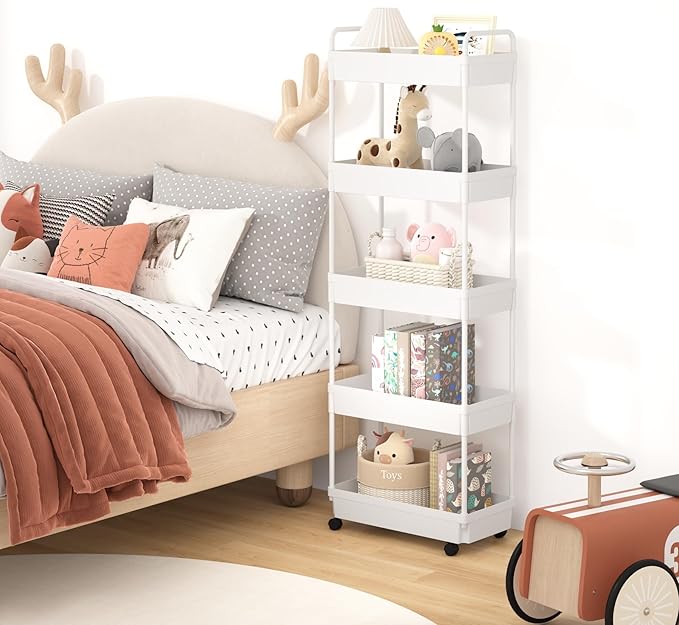 5-Tier Storage Cart，Shelf Organizer Mobile Shelving ，Utility Rolling Cart，Multifunction Movable Storage Organizer with Lockable Wheels,White