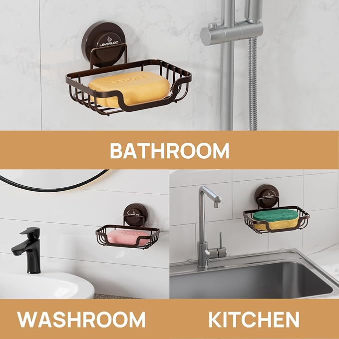 LEVERLOC Soap Dish, Soap Bar Holder for Shower Suction Cup Wall Mounted, Stainless Steel No-Drilling Removable Waterproof Sponge Holder for Bathroom Bathtub Kitchen Sink, Keep Dry, Brown