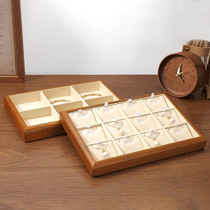 Oirlv Solid Wood 12 Grid Jewelry Organizer Tray Jewelry Drawer Organizer for Rings Earrings Storage Display(Creamy-white)