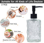 Crystal Clear Glass Soap Dispenser with Black Pump, 2 Pack 12oz Diamond Hand Dispenser, Refillable Lotion Dispenser & Dish Soap Dispenser, Bathroom Soap Dispenser for Liquid, Shower Gel