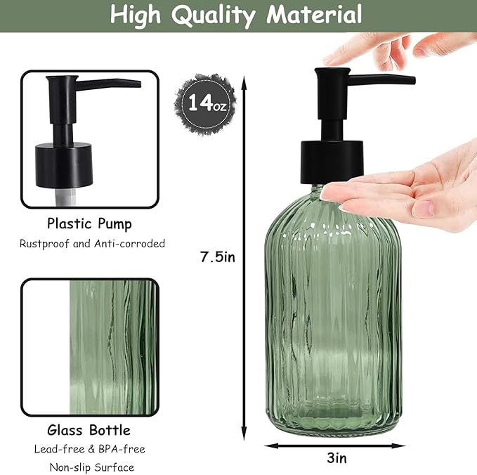 Green Glass Soap Dispenser Set with Black Pump, 13.5oz Refillable Liquid Hand Soap Dispenser, Lotion Dish Soap Dispenser for Modern Home Decor, Bathroom, Kitchen Countertop, Hotel(2 Pack)