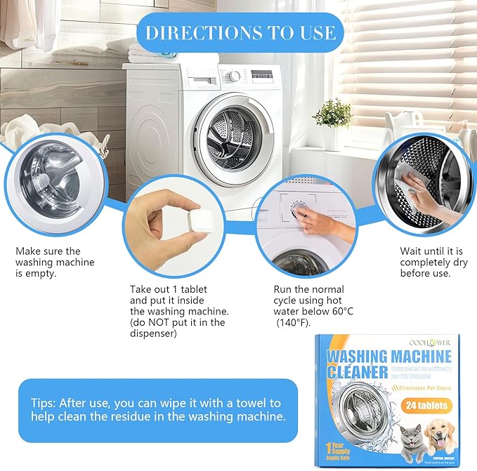 24PC Washing Machine Cleaner Tablets, Formulated for Pet Owners, Pet Hair Remover, Deodorizer, Work with Top & Front Load, HE, Deep Cleaning Descaler, Removes Residue and Odors, Septic Safe