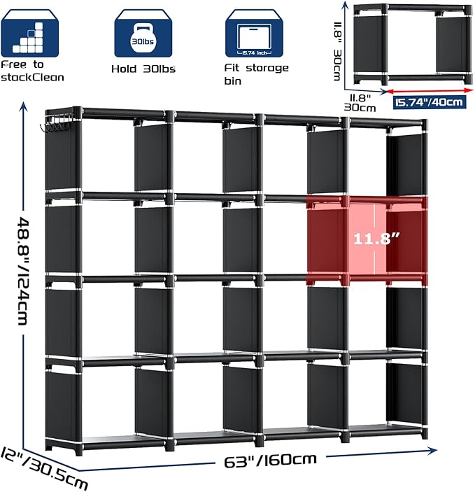 Mavivegue Bookshelf,16 Cube Storage Organizer,Book Shelf Organizer,Tall Bookcase,Black Cube Shelf Cubbies Closet Storage Shelves for Bedroom,Living Room,Home,Office, 16-Grid