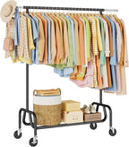 Clothes Rack with Wheels, Rolling Clothing Rack with Shelf, Heavy Duty Clothes Racks for Hanging Clothes, Metal Standing Garment Racks, Black