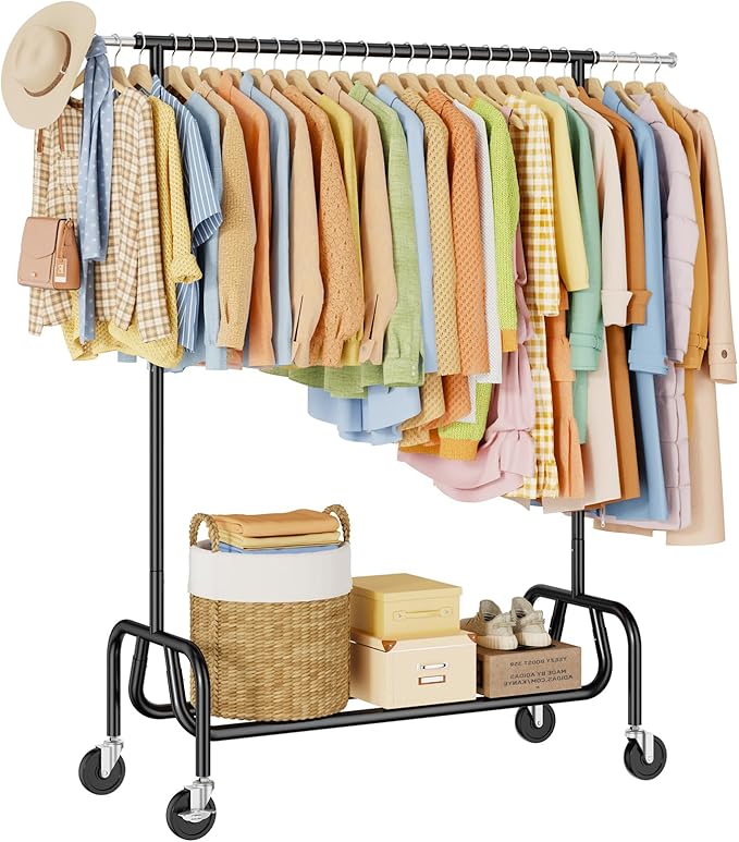 Clothes Rack with Wheels, Rolling Clothing Rack with Shelf, Heavy Duty Clothes Racks for Hanging Clothes, Metal Standing Garment Racks, Black