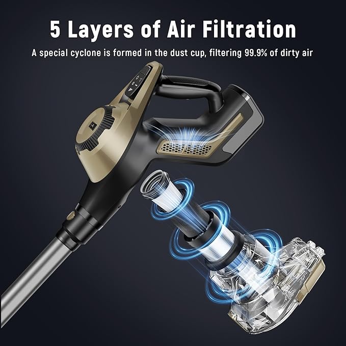 Cordless Vacuum Cleaner, 30Kpa Home Stick Vacuum, Smart Display & 1.5L Dust Cup, 55mins Max Runtime, Rechargeable Lightweight Handheld Vavuum for Pet Hair/Carpet/Hardwood Floor/Car (Golden)