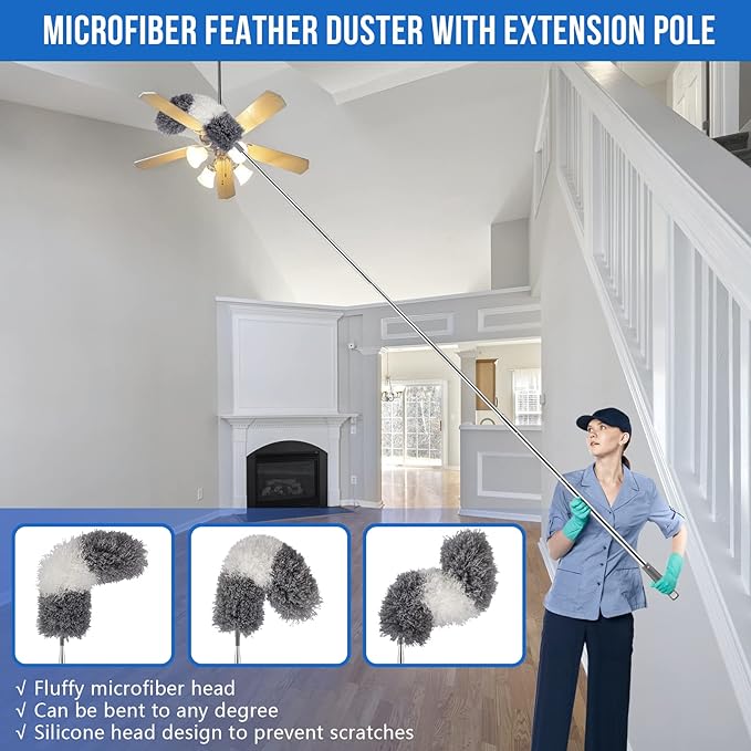 Microfiber Feather Duster Kit with Extension Pole (30–100") – Bendable Washable Heads, Extendable Dusters for Cleaning Ceiling Fan, High Ceiling, Blinds, Furniture & Cars (5 Pcs)