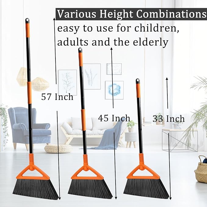 4 PCS Outdoor Indoor Broom, Brooms for Sweeeping Indoor, Heavy-Duty Kitchen Broom with Long Pole, Angle Broom Orange for Garages Restaurant Courtyard Office Slidewalk Lobby Sweep Dust