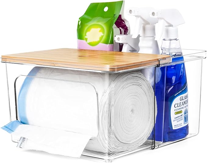 Trash Bag Dispenser Holder - 2 in 1 Clear Acrylic Plastic Garbage Bags Container With Bamboo Lid Storage Box for Kitchen Pantry Laundry Room Organization, Large Trash Bag Organizer Under Sink