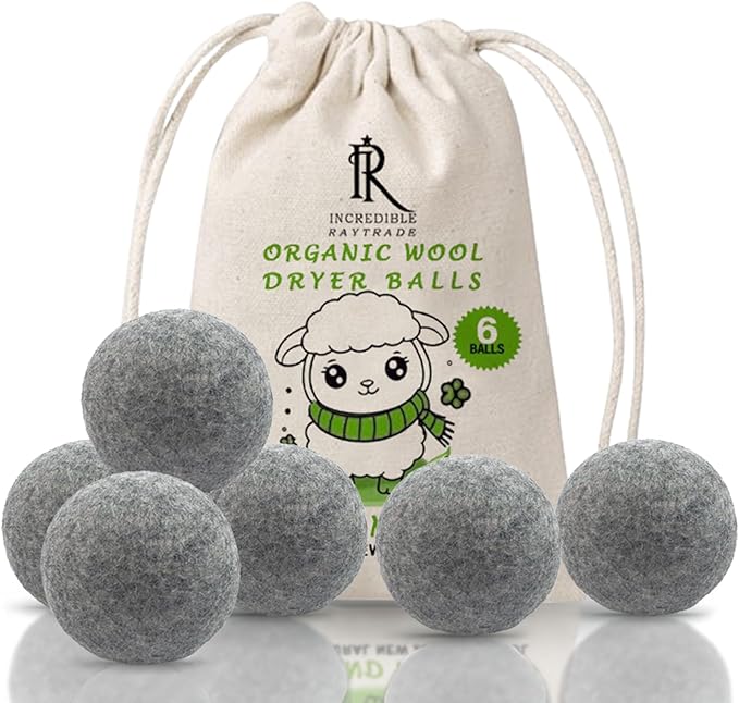 RAYTRADE Wool Dryer Balls 6-Pack 100% Made of Organic New Zealand Wool Reduces Clothing Wrinkles and Saves Drying Time Reusable Natural Fabric Softener Stocking Stuffer Gifts (Gray)