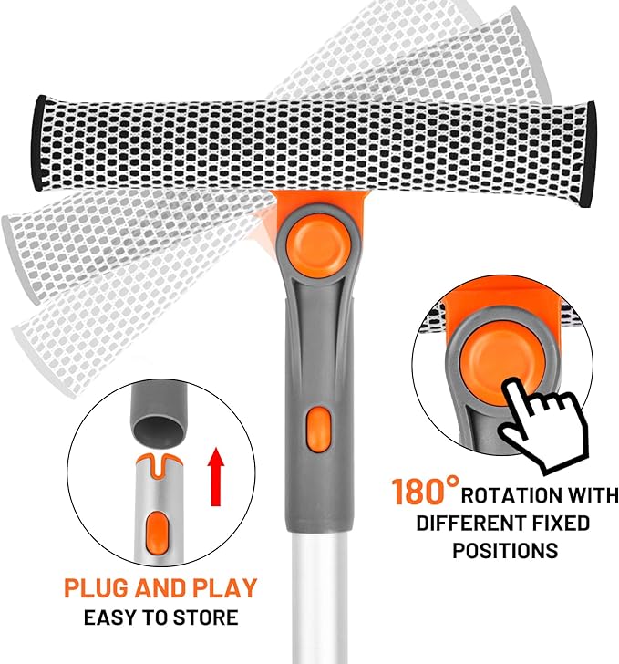 eazer Professional Window Squeegee, 2-in-1 Rotatable Squeegee for Window Cleaning Kit, Window Cleaner Tool, Window Washing Equipment Kit with Extension Pole (20''-30'') for Shower/Windshield