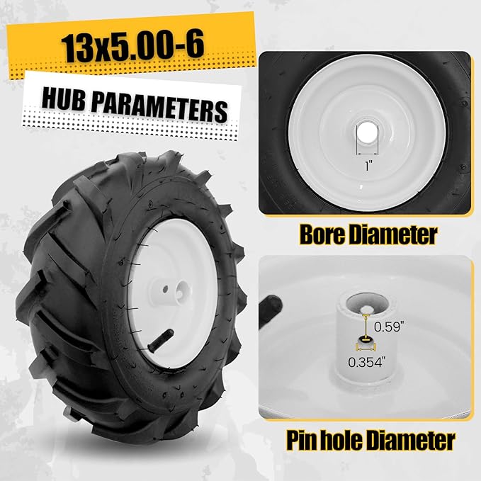 MZREXN 13x5.00-6" Tiller Tire and Wheel 2 Pack, 1" Axle Size, 3-1/8" Offset Hub, 4Ply Pneumatic, Compatible with Garden Trailer, Lug Tractor & Trencher, Tillers, and Lawn Mover Replacement Tire