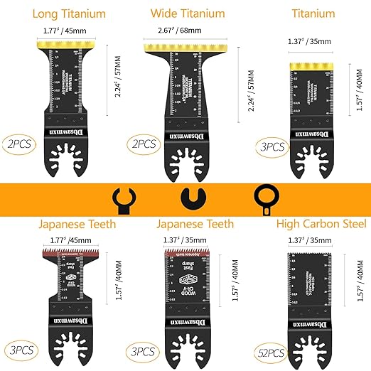 65PCS Oscillating Tool Blades for Metal Wood Cutting, Extra Wide & Long Titanium, Japanese Teeth Saw Blades Compatible with Dewalt, Dremel, Milwaukee, Multitool Blades Cuts Wood, Nails, Drywall