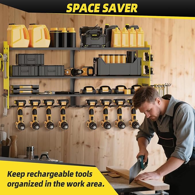 Power Tool Organizer Wall Mount with 8-Drill Holders-600Lbs Load Heavy Duty Metal 4-Layers Garage Storage and Organization Adjustable Battery Tools Rack Utility Racks Gifts for Men