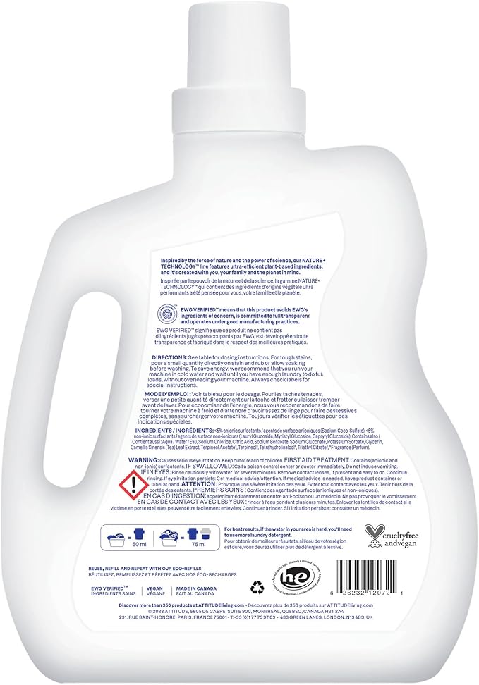 ATTITUDE Liquid Laundry Detergent, EWG Verified, HE Compatible, Plant-Based & Vegan, Natural Laundry Soap, Citrus Zest Scent, 60.8 Fl Oz