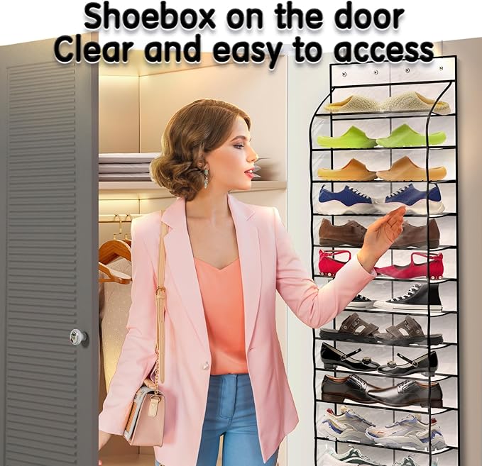Over The Door Shoe Organizer with 12 Large Clear Pockets - Durable Hanging Storage for Family Shoes - White