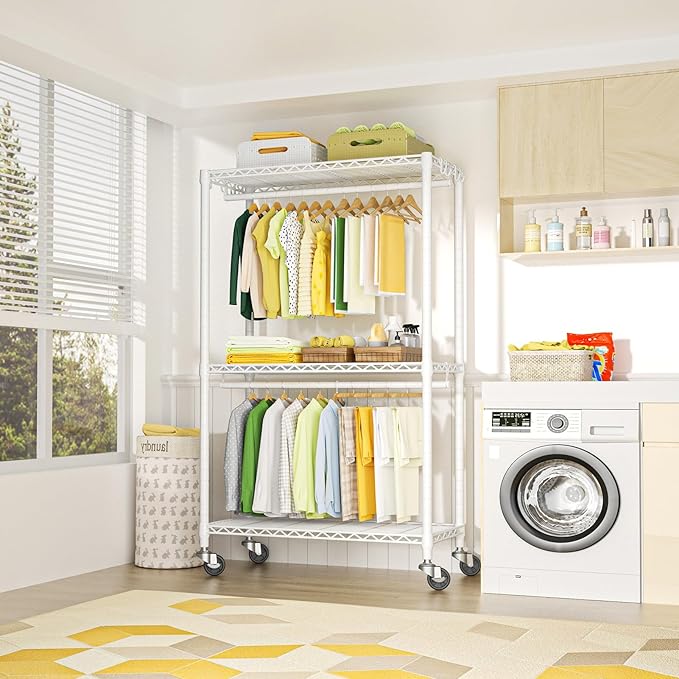 P3 Rolling Clothes Rack, Clothing Racks for Hanging Clothes, Heavy Duty Garment Rack with Wheels, Freestanding Portable Closet Organizer 39.4''W x 14''D x 78.5''H, Max Load 464 LBS, White