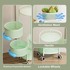 JAQ Rotating Fruit Basket, 5-Tier Metal Sturdy Kitchen Storage Rack Shelf Carts No Assembly on Rolling Wheels for Fruit Vegetable Grocery Corns Potato Onion (5-Tier, Green)