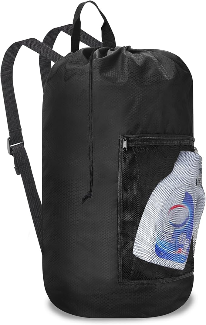 Femuar Laundry Bag Backpack Durable Laundry Bag with Shoulder Straps and Mesh Pockets Portable Laundry Dirty Clothes Hamper Bag for College Dorm (Black)