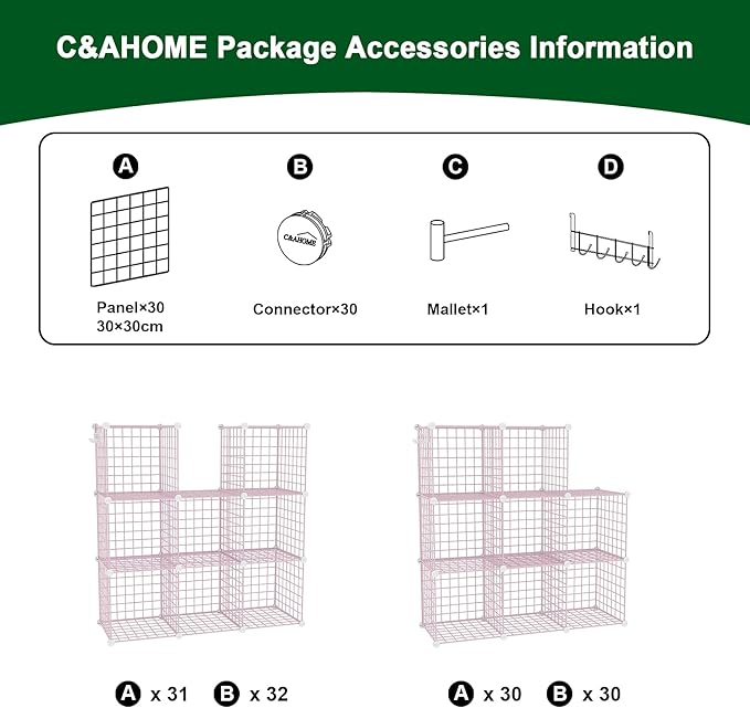 C&AHOME Wire Cube Storage, 8 - Cube Organizer Metal C Grids, Modular Shelves Units, Closet Organizer, Ideal for Home, Office, Living Room, 24.8" L x 12.4" W x 48.4" H, Pink UWCS3008P