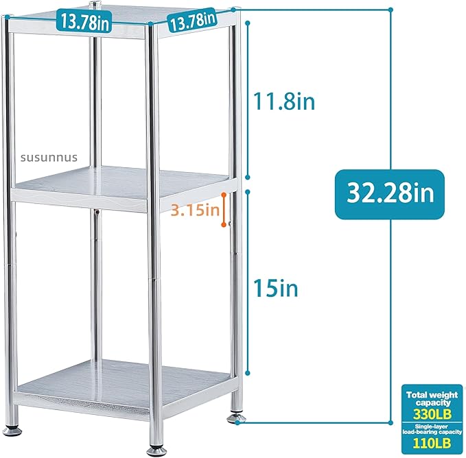 susunnus Stainless Steel Shelves 13.8in-3 Tier, Corner Shelf, Storage Shelves, Narrow Metal,Stainless Steel Shelf, Kitchen Storage Rack for Small Spaces Tall Skinny Shelf