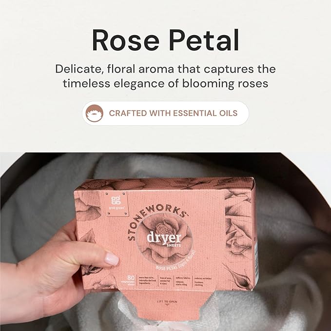 Grab Green Stoneworks Cruelty-Free Dryer Sheets | Softens Fabrics, Freshens Clothing & Reduces Static-Cling and Wrinkles | Plant Based | Rose Petal Scent (80 Sheets)