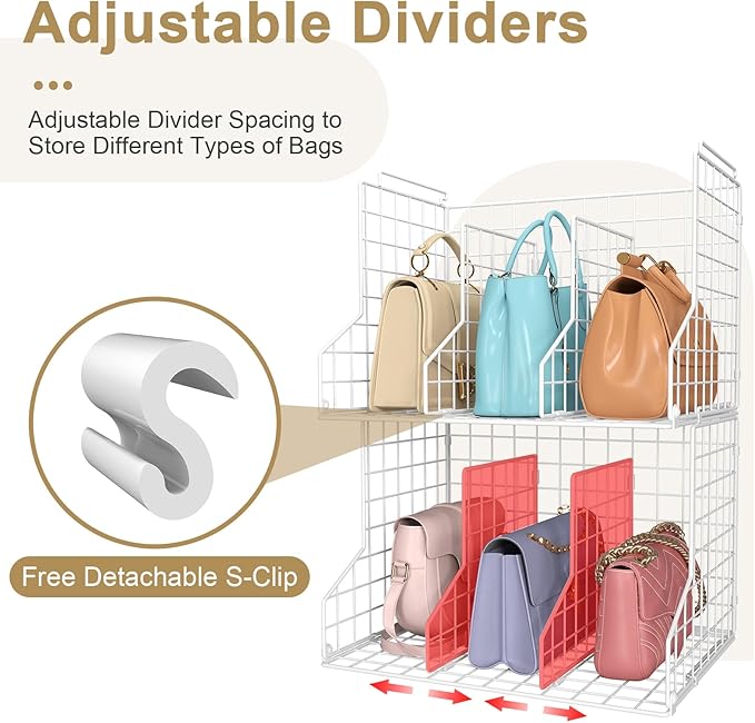 Purse Storage Organizer for Closet : Adjustable 2-Pack Dividers Handbag Organizer - Stackable Wire Handbags Storage Baskets -Open Cabinets Wallets Tote Chain Bags Clutches -White