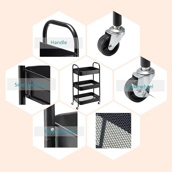 SETTFRFE 3 Tier Rolling Cart Metal,File and Art Cart with Wheels,Storage Shelf Organizer Cart for Bathroom,Office,Kitchen,Black