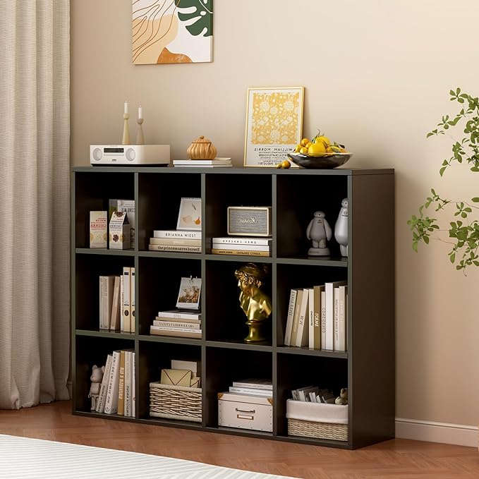 12-Cube Storage Shelf Bookcase - Wooden 3-Tier Floor Standing Open Bookshelf for Home and Office, Display Cabinet, Black