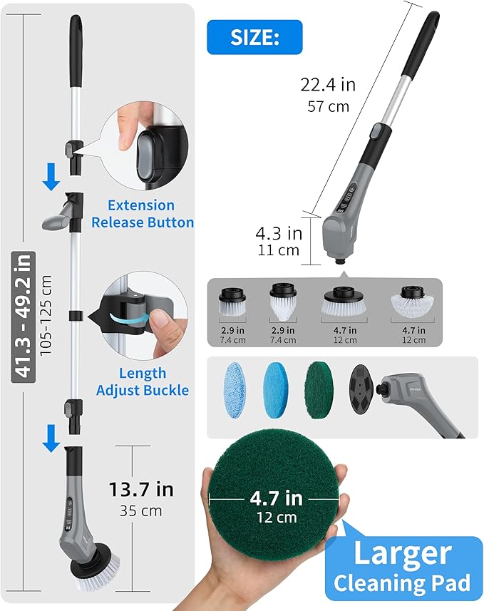 MR.SIGA Electric Spin Scrubber, Cordless Cleaning Brush, Shower Scrubber with 7 Replaceable Brush Head, Waterproof Bathroom Power Scrubber for Kitchen and Bathroom Cleaning