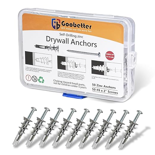 Drywall Anchors and Screws Kit, 100 Pcs Self Drilling Drywall Anchors, 50 Pcs Zinc Sheetrock Anchors and 50 Pcs #8 x 2 Metal Screws, Heavy Duty Hollow Wall Anchors, 75 Lbs Hanging Mounting