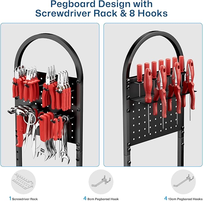 Power Tool Organizer with Wheels 4 Tier Tool Cart Loads 500 LBS with 8 Cordless Drill Holder & Screwdriver Rack Metal Utility Rack for Home, Garage, Workshop, Gifts for Men, Regular with Basket