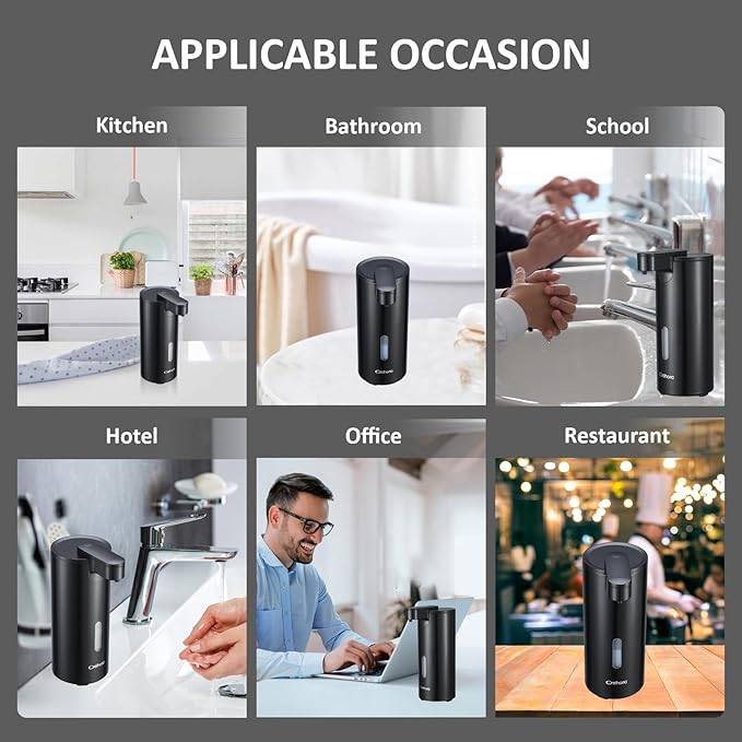utomatic Soap Dispenser, Automatic Soap Dispenser Touchless, Kitchen & Bathroom, 3 Adjustable Volume for Liquid Soap, Water-Resistant, Hotel, Restaurant and School, Clog-Free, Black