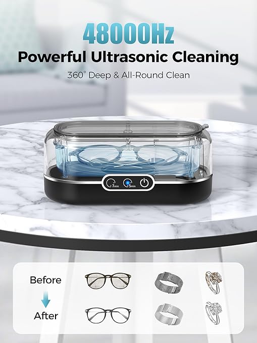 Ultrasonic Jewelry Cleaner, 48KHz Ultrasonic Cleaner Machine for Jewelry, Glasses, Rings, Retainers, Watch Strap, Dentures, 304 Stainless Steel 12oz Cleaning Pod - Black