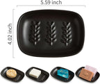 Soap Dish Soap Holder Shower, Ceramic Soap Dishes for Bar Soap Sponge, Shower Saver Tray for Bathroom Kitchen Sink, Raised Leaf Design, Black