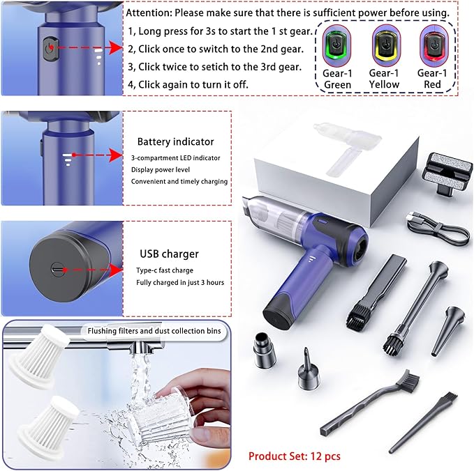 Car Vacuum Portable Cordless, 20000PA 120W 4 in 1 High Power Handheld Cordless Vacuum Cleaner & Air Duster,Air Blower,Multi-Nozzles,Brushless Motor 3-Speed Modes,for Car, Home, Pet,Office & Camping