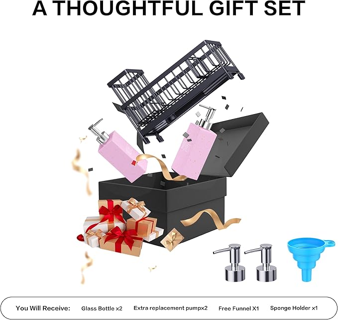 Cisily Dish Soap Dispenser, 12 fl oz Kitchen Soap Dispensers with Sponge Holder, Gold and Silver Pump Pink Glass Kitchen Soap Dispenser Set, Hand and Dish Soap Bottle Set, Pink Decor Accessories