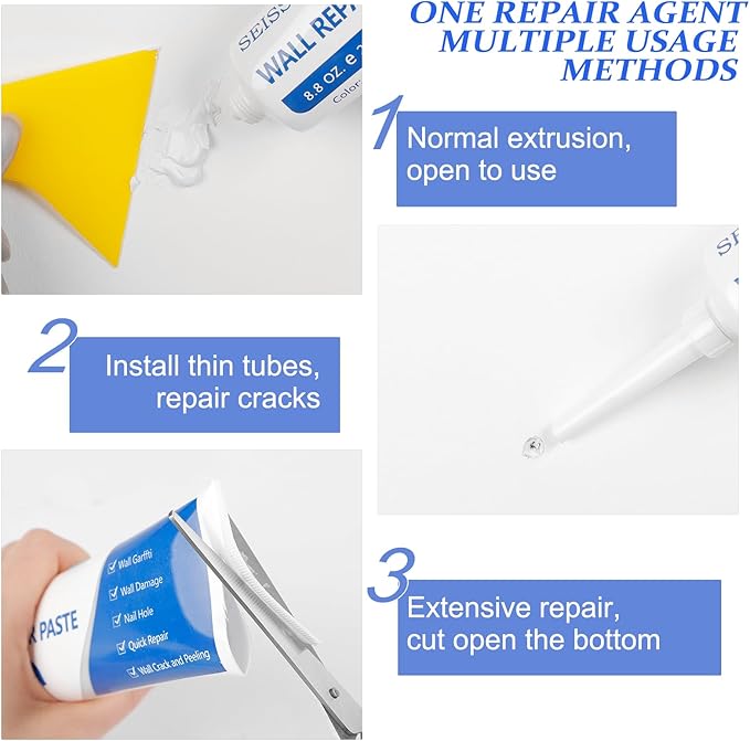 Wall Repair Paste kit, Spackle Drywall Repair kit, Wall Mending Agent 250 g*2, Wall Repair Patch-4Pcs and Scraper/Sandpaper, Effective Repair of Scratches, Nail Holes, Cracks and Wall Graffiti