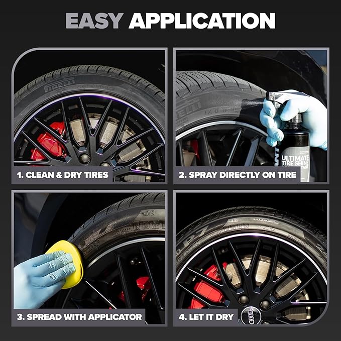 Carfidant Tire Shine Spray - Black Satin Finish - Premium Car Tire Dressing - 18 fl. Oz. Kit with Applicator Pad - Long Lasting - No Sling No Grease Formula with UV Protection