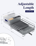 Kitsure Extendable Dish Drying Rack, Large Drying Dish Rack with Cutlery & Cup Holders, Multifunctional Dish Racks for Counter with Drainage, 18.2"-25.7" L x 12.9" W, Grey