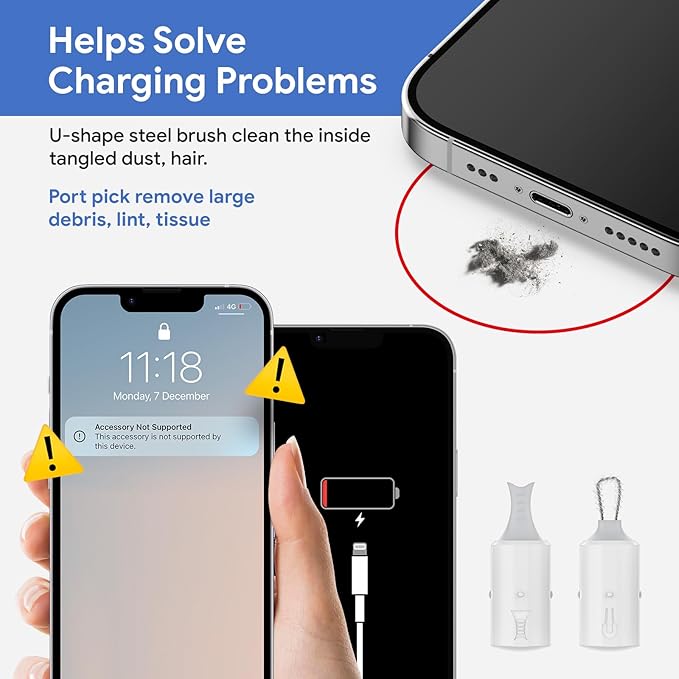 12 in 1 Phone Cleaning Kit, Airpods Cleaning Kit, Port Cleaner for iPad/Phone Charging Repair & Restore Tool,Multi Cleaner Tool Kit for USB C Port/Lightning Cables, Fix Unreliable Charging,White