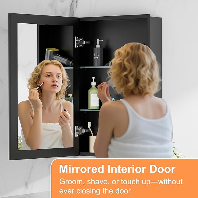 16x24 Inch Medicine Cabinet with Mirror, Aluminum Bathroom Mirror Cabinet, Beveled Edge Mirrored Single Door, Adjustable Shelves, Surface or Recessed Mount Mirrors with Storage, Black