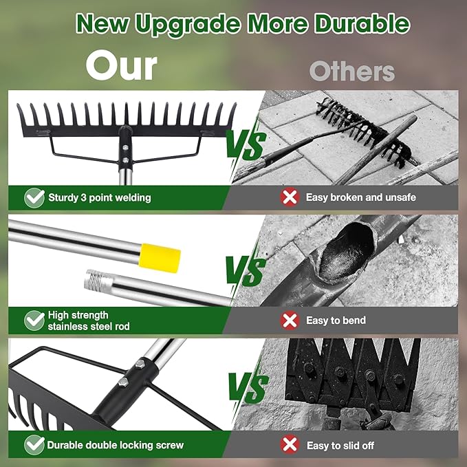 Heavy Duty Garden Rake for Leaves - 17 Tine Metal Head & Adjustable Stainless Steel Handle, 17" Wide 5.58FT Yard Rake for Shrub Leveling/Grass Care