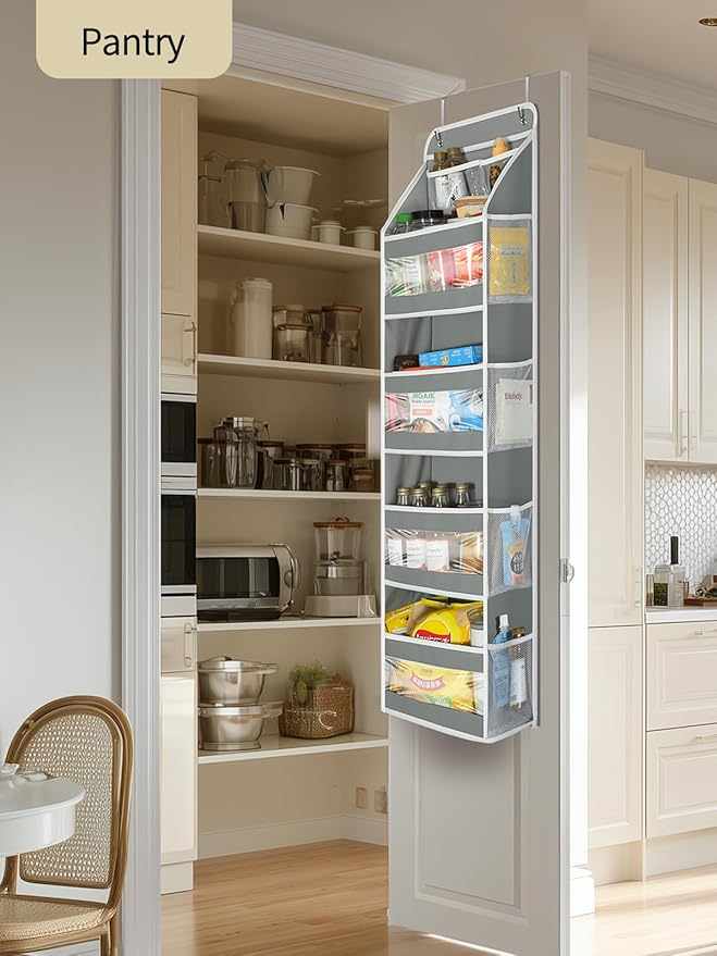 Yecaye 5 Tier 1Pc Over the Door Organizer, Swing-proof Door Organizer Hanging with Clear PVC Windows, Behind the Door Storage for Bedroom Nursery Closet Laundry Pantry Bathroom, Grey