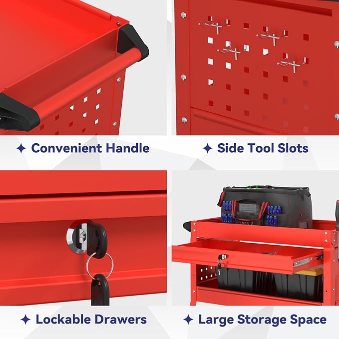 3 Tier Rolling Tool Cart with Drawer, 450 LBS Heavy Duty Utility Cart on Wheels, Service Cart for Garage, Workshop and Warehouse (Red)