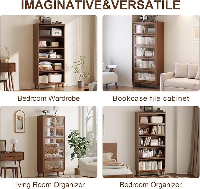 Solid Wood bookcase 5 Tier with Tempered Glass Flip-Up doors, 72Hx13.7Dx32W"Bookshelves Finish Cube Storage Organizer,Bookshelf Versatile Pantry Cabinet with Storage for Kitchen Home Office